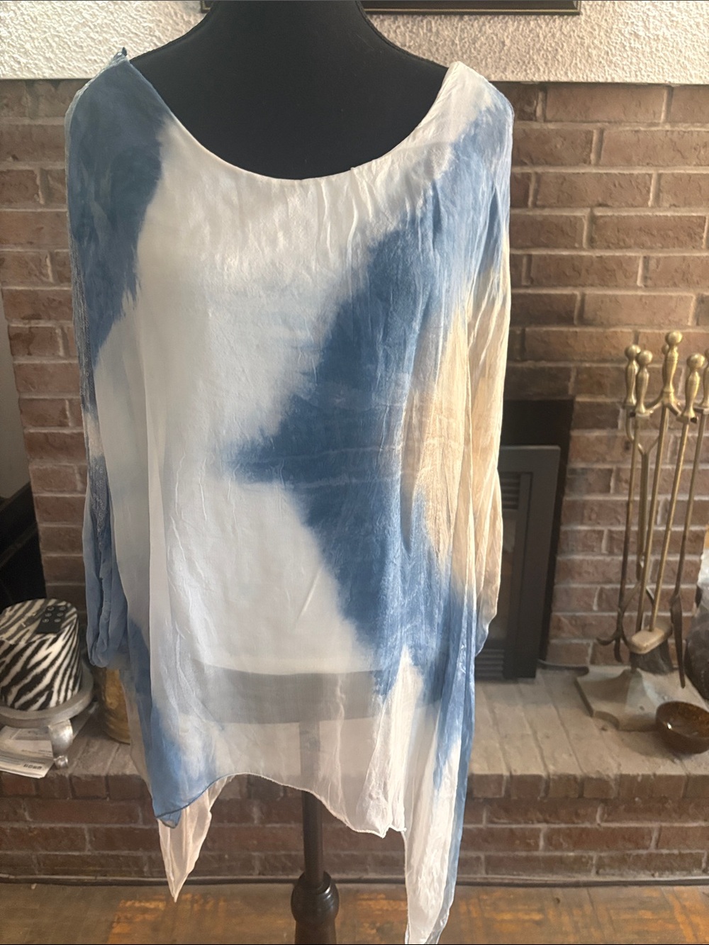 Blue and White Tie-Dye Sheer Tunic Top